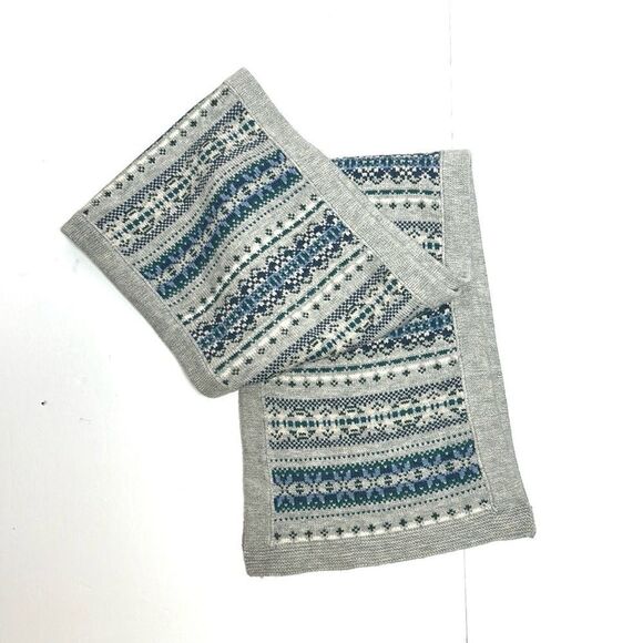 J.Mclaughlin Arthur Wool Knit Long Scarf Gray Blue White Fair Isle Pattern - Picture 3 of 8